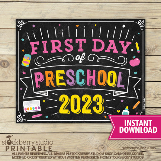 Girl First Day of Preschool Chalkboard Sign