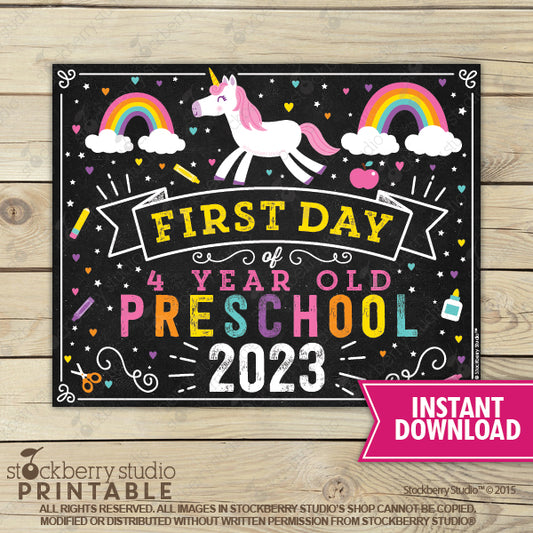 Unicorn First Day of 4 Year old Preschool Sign Printable Instant Download