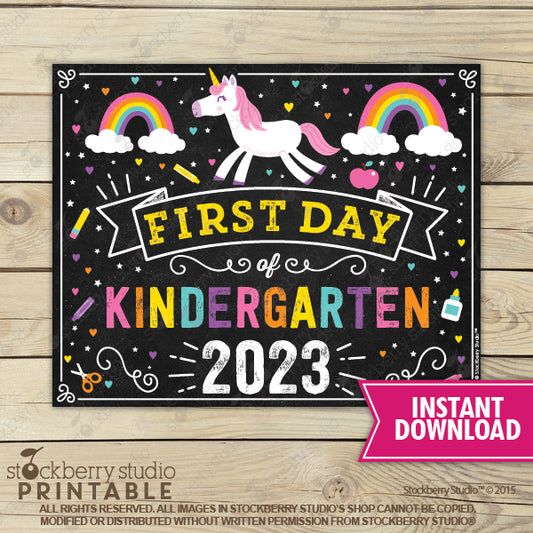 Unicorn First Day of Kindergarten Sign Printable Instant Download