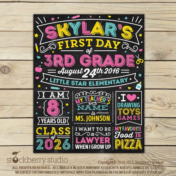 Girl First Day of School Sign Princess Back to School Pink and Gold - Stockberry Studio
