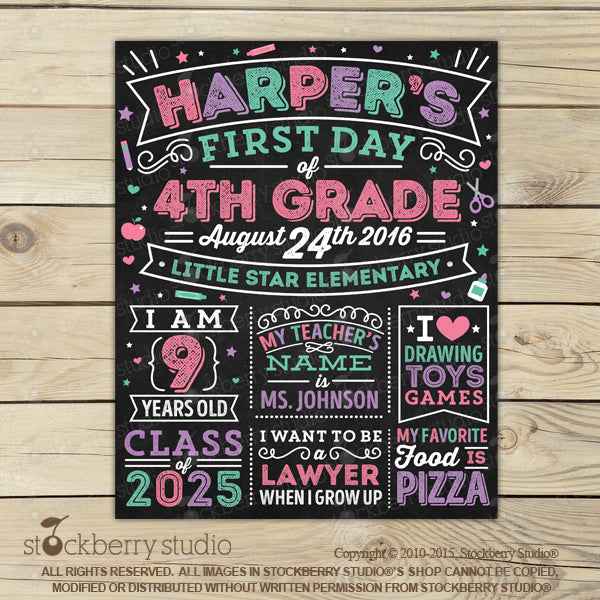 Girl 1st Day of School Sign Pink First Day of School Chalkboard Sign - Stockberry Studio