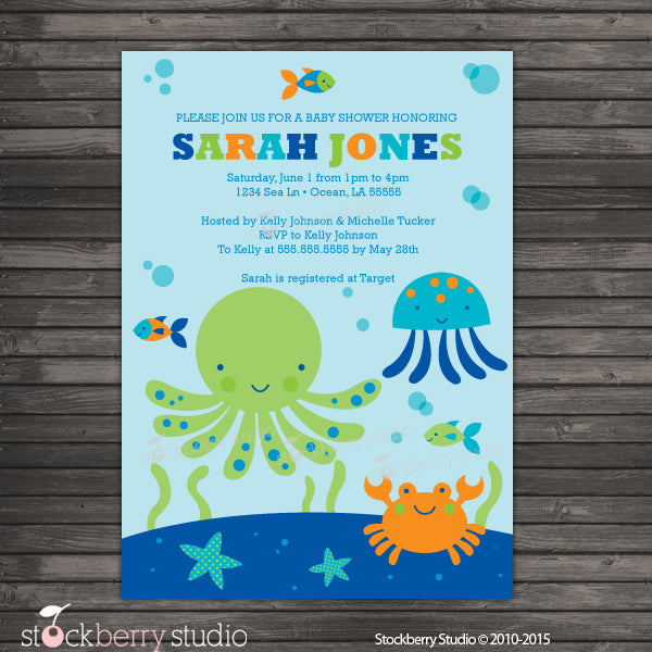 Under the Sea Baby Shower Boy Invitation Printable Ocean Blue and Green - Stockberry Studio