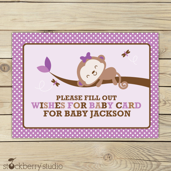Girl Monkey Baby Shower Wishes for Baby Card Purple - Stockberry Studio