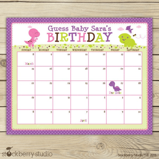 Dinosaur Baby Shower Guess the Due Date Calendar - Stockberry Studio
