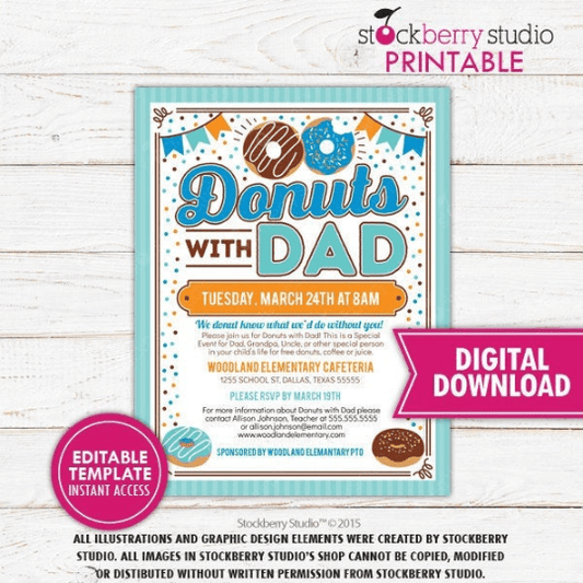 Donuts with Dad Invitation PTA School Event Flyer Father's Day PTO Fundraiser Dad Appreciation Breakfast Printable - Stockberry Studio