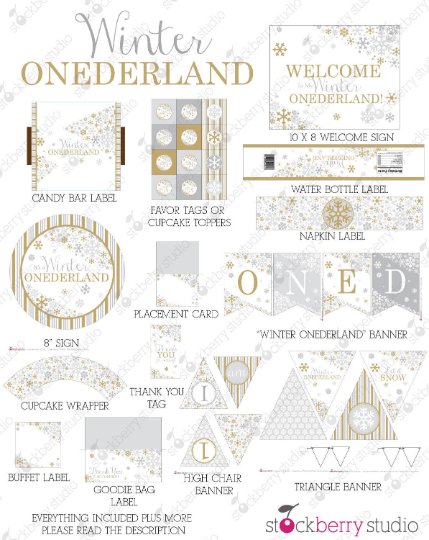 Winter Onederland Birthday Decorations Printable Party Kit - Stockberry Studio