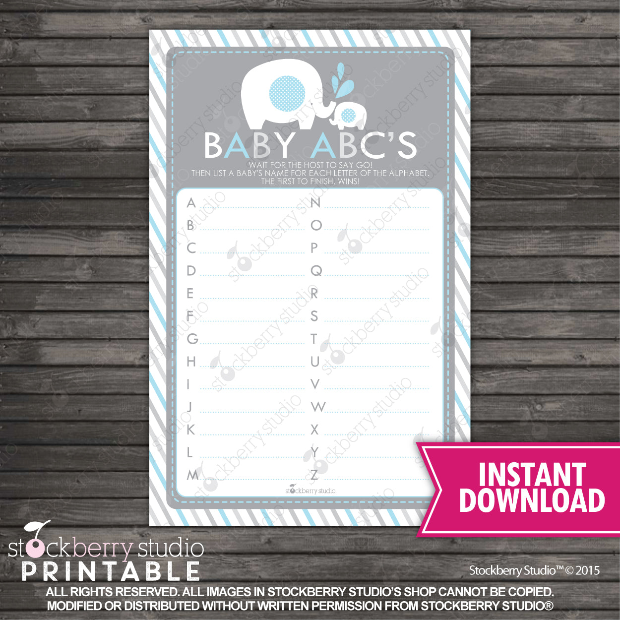Boy Elephant Baby Shower Bingo Game Blue and Gray Instant Download
