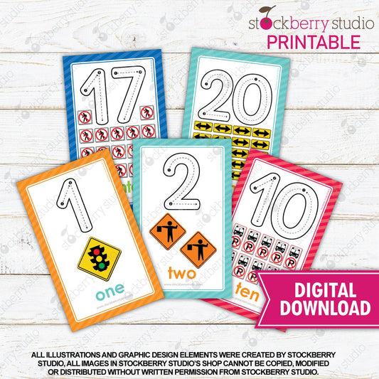 Counting Street Signs Flashcards Numbers 1-20 - Homeschool Activity