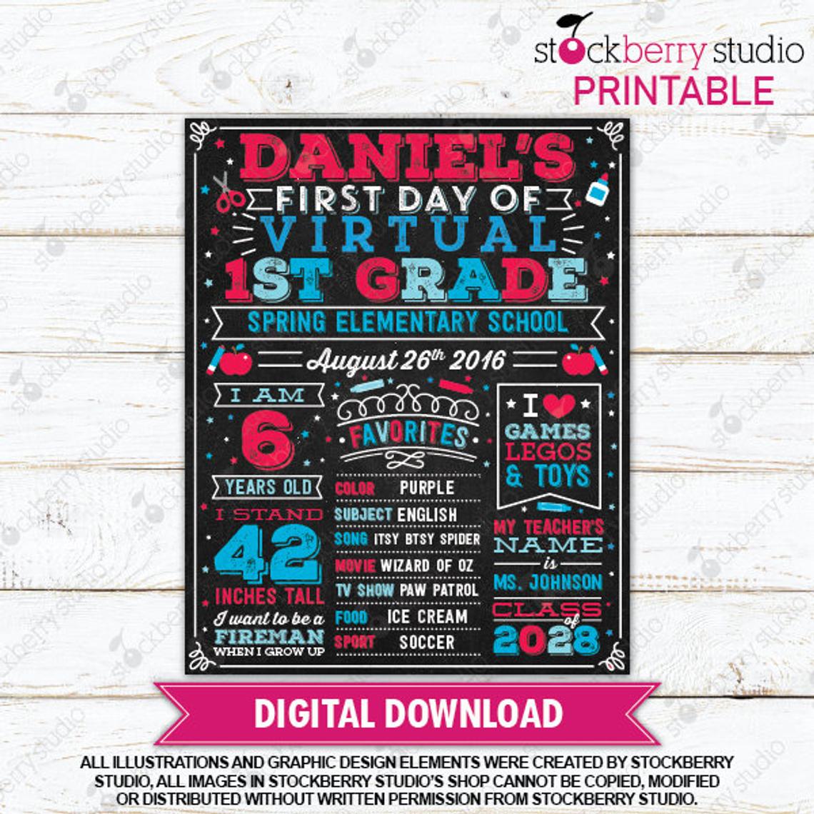 First Day of Virtual School Personalized Printable Sign