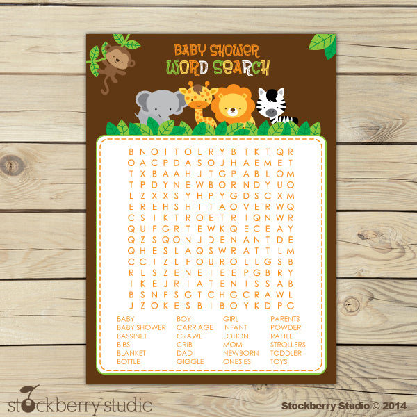 Safari Animals Jungle Baby Shower Word Search Game Printable Instant Download - Stockberry Studio