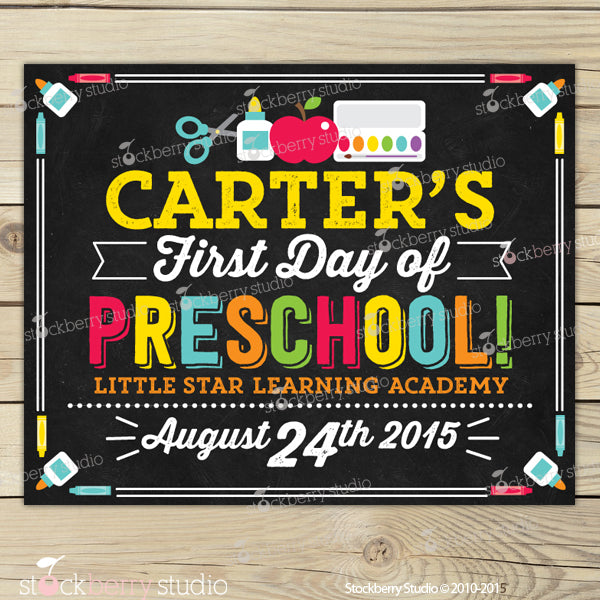 Girl First Day of Preschool Chalkboard Sign Printable - Stockberry Studio