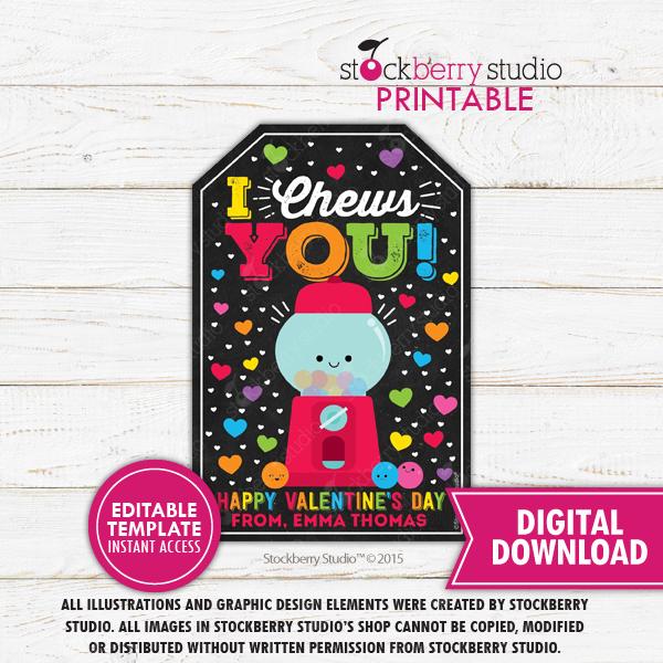 Valentine's Day Bubble Gum Gift Tag Editable Template - Stockberry Studio